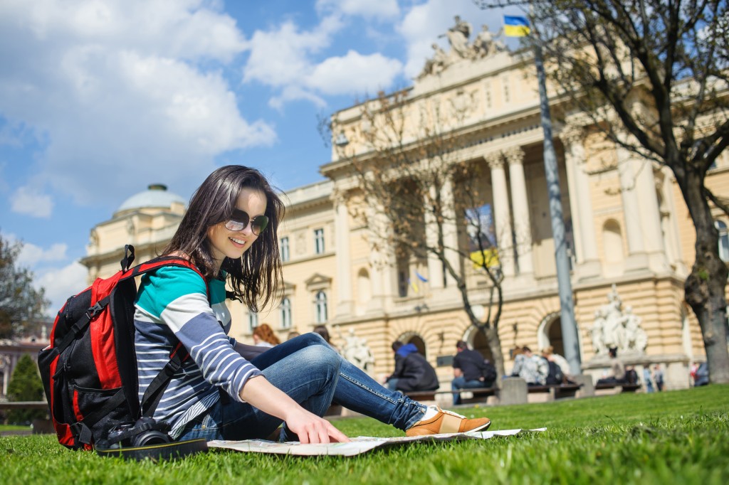 exchange student girl having fun in town